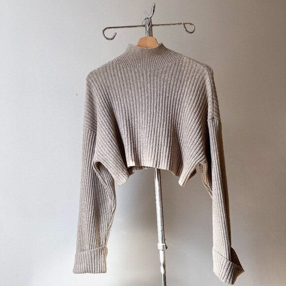 🍂Modern Taupe Tan Ribbed Cropped Knit Mock Neck Sweater Cuffed Sleeves by Zara - Picture 1 of 10